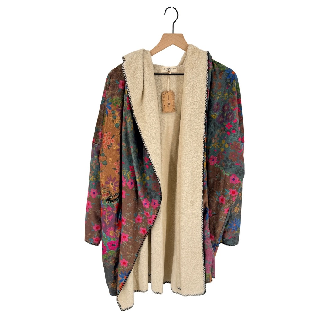 Natural Life NWT Floral Sherpa Lined Hooded Cardigan Jacket S/M Boho Cozy